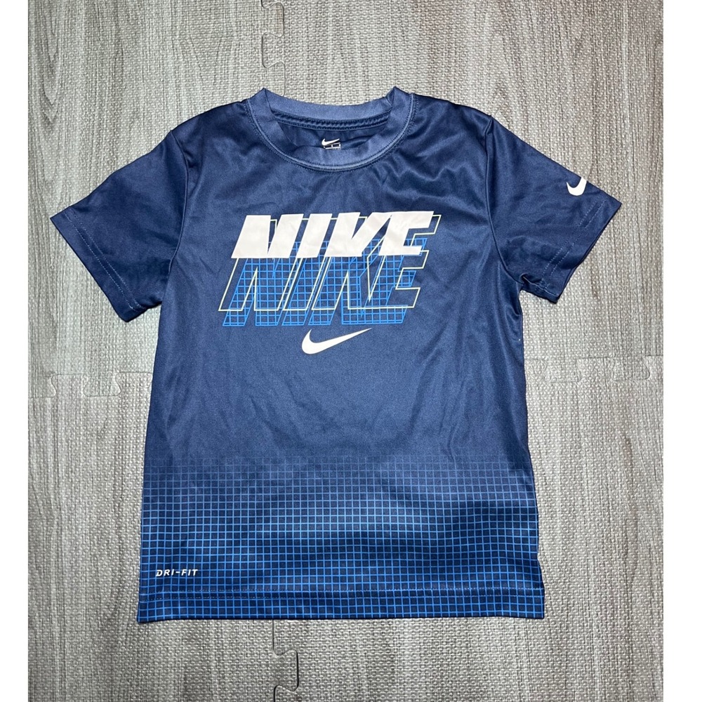 Nike Boys Dri-FIT Graphic T-Shirt Navy Blue Swoosh Size 7, 6-7 YRS